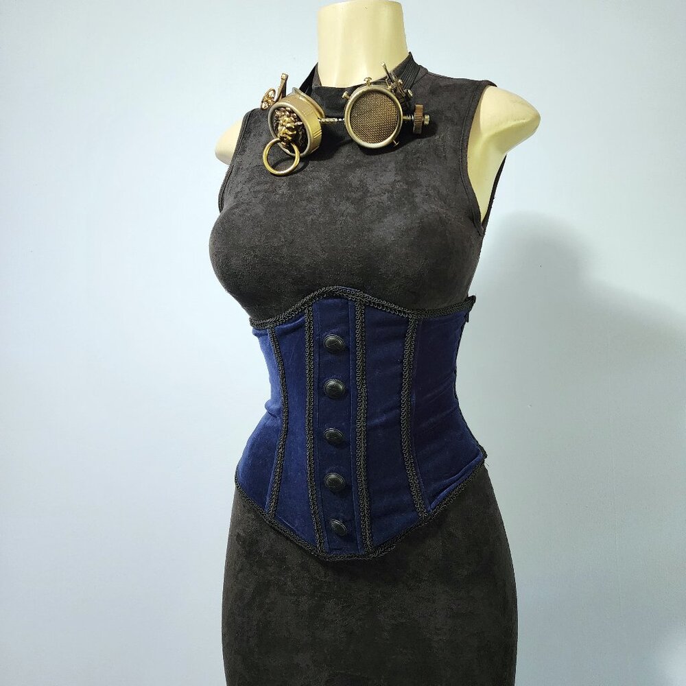 Rare Lip Service Blacklist Dark Blue And Black Accented Button Victorian Corset